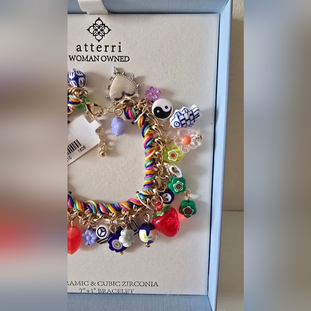 Atterri Multicolor Charm Bracelet Ceramic & CZ Rainbow Boho Statement 7+1 NWT - Picture 2 of 5